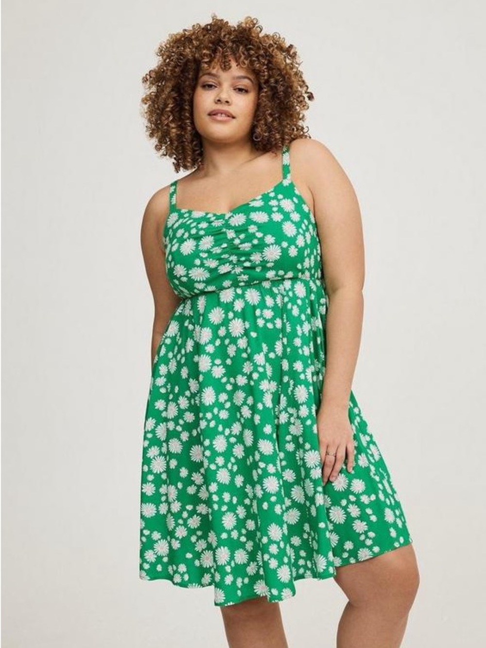 Plus Floral Sundress in Green and White - Lightweight Mini Dress
